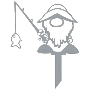 A laser-cut steel garden stake depicting a gnome wearing a sou'wester hat, holding a fishing rod with a fish dangling from the line. The gnome features a large beard and is perched on a pointed base for easy placement in soil. The design is outlined in clean, smooth lines, creating a whimsical and playful appearance against a dark background.